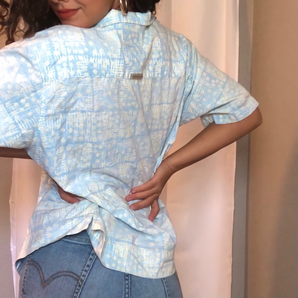 Columbia Vintage Abstract Print Yellow and Blue Short Sleeve Button Down Shirt - Picture 2 of 5